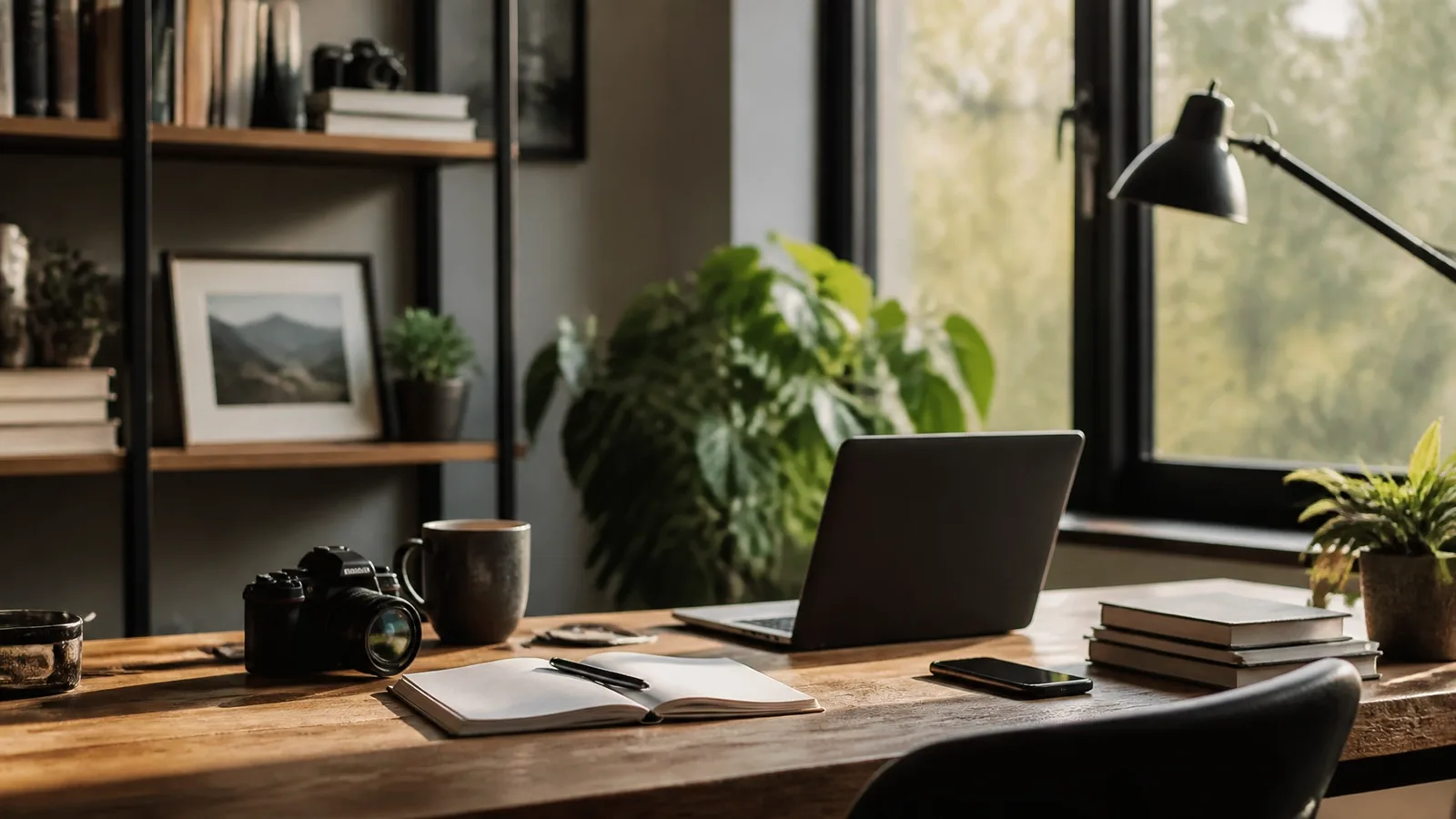 A sunlit desk with a camera, notebook, books, and laptop